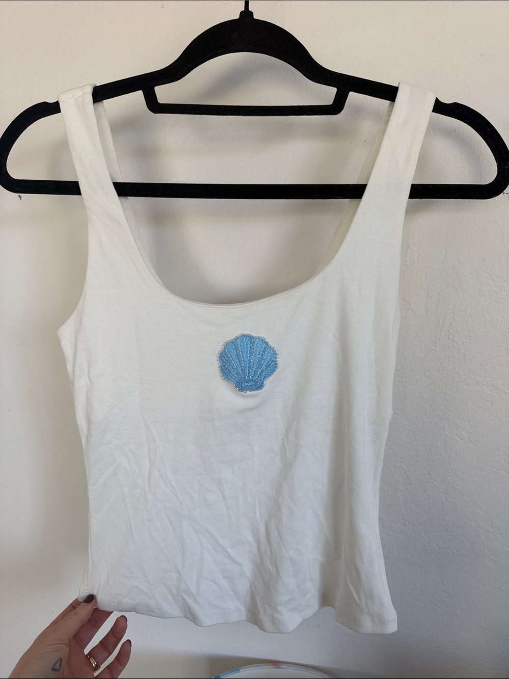 White Tank Top with Light Blue Shell Embroidery - Women
